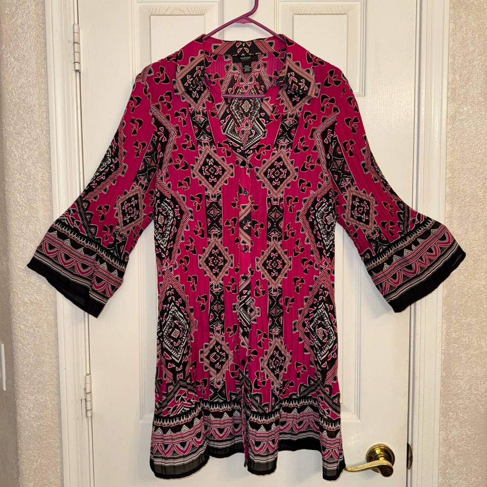 Alfani - Pink & Black, Pleated, 3/4 Sleeve, Long Blouse